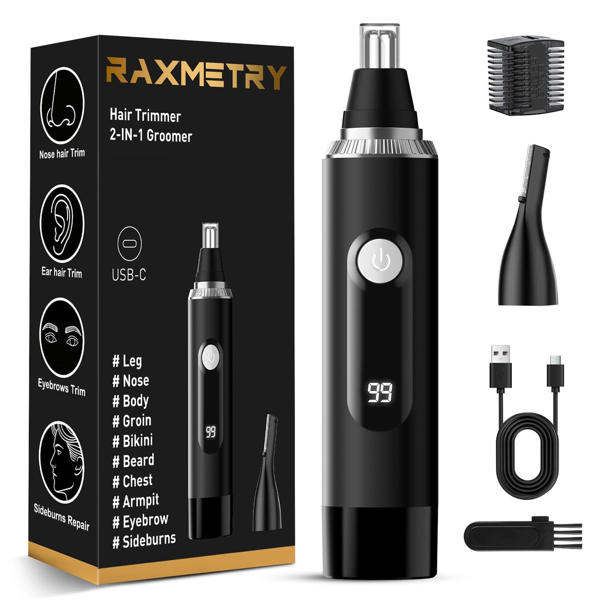 RAXMETRY nose hair trimmer front view with dual-edge blades for painless grooming.
