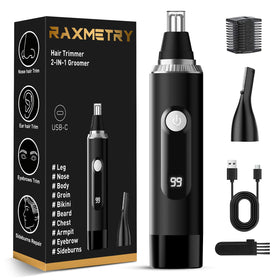 RAXMETRY nose hair trimmer front view with dual-edge blades for painless grooming.