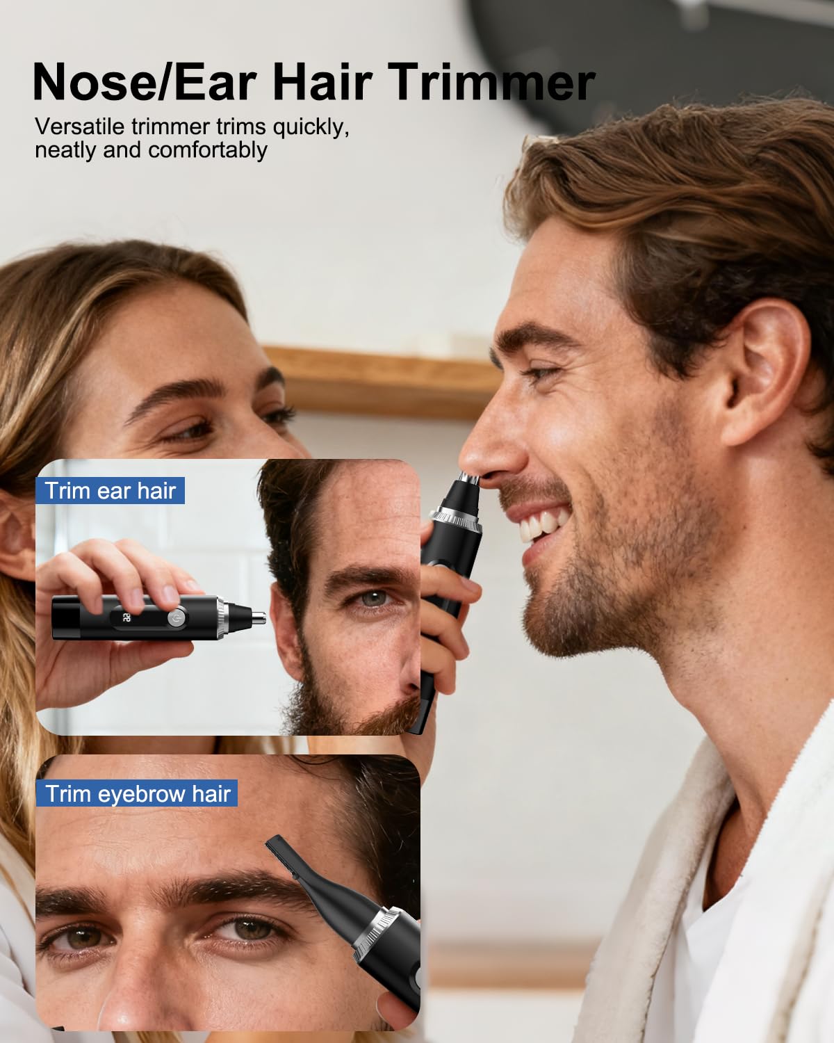 RAXMETRY nose hair trimmer with interchangeable heads enabling nose, ear, and eyebrow grooming.