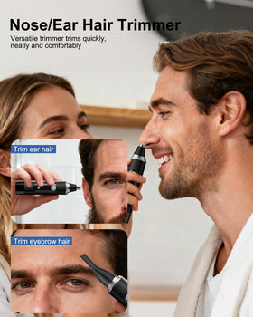 RAXMETRY nose hair trimmer with interchangeable heads enabling nose, ear, and eyebrow grooming.