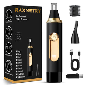 RAXMETRY nose hair trimmer with LED display for precise battery monitoring during grooming.