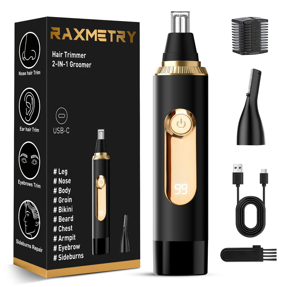 RAXMETRY nose hair trimmer with LED display for precise battery monitoring during grooming.