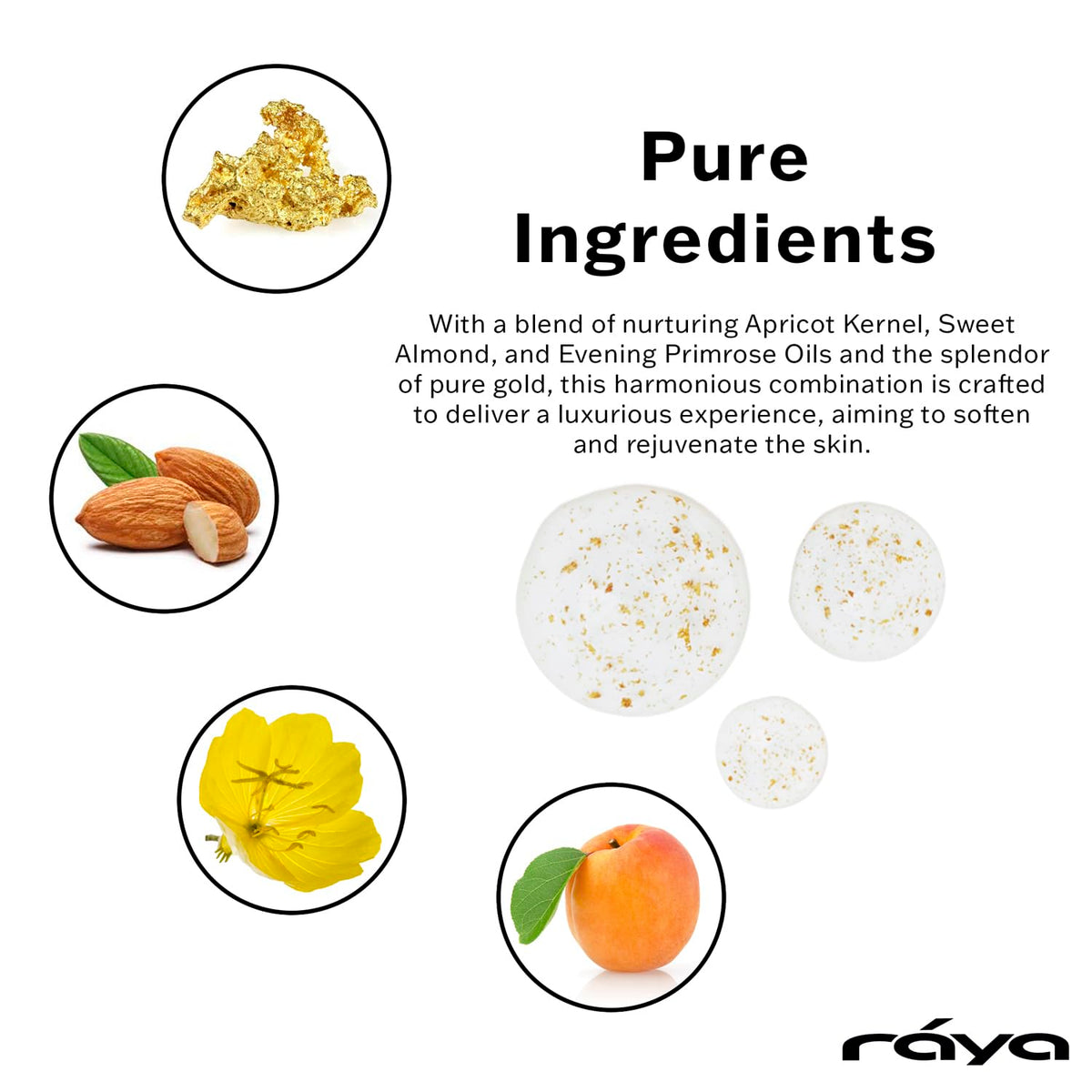 Close-up of Raya 24K Gold Serum texture showing silky, fast-absorbing formula