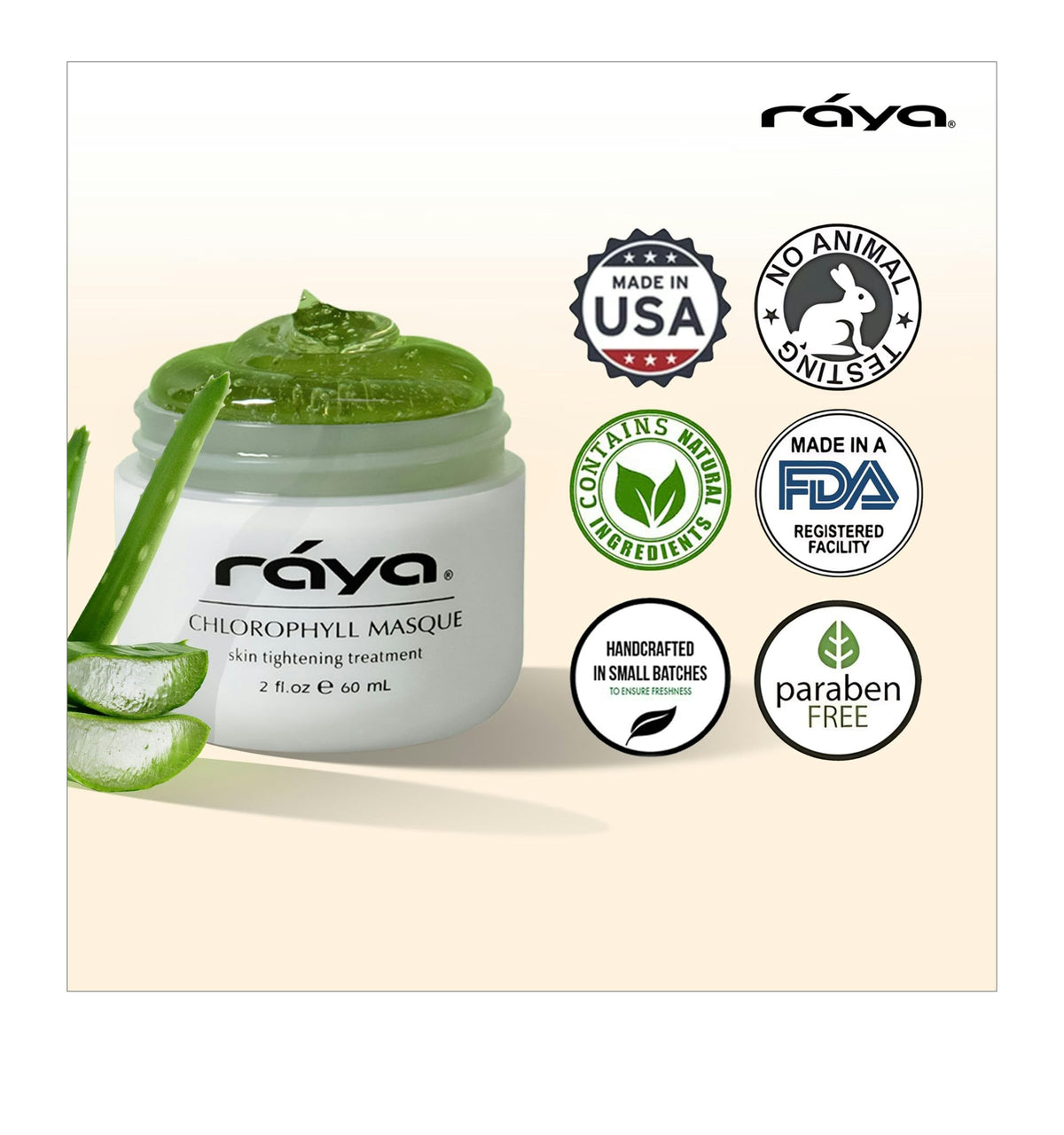 Raya Chlorophyll Masque creamy layer on skin highlights moisturizing and soothing effects.