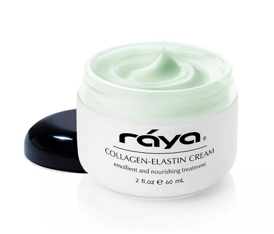 Raya Collagen-Elastin Cream jar closeup shows rich texture for dry skin nourishment