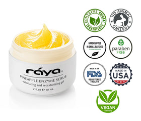 Raya facial scrub jar demonstrates easy application for quick cleansing.