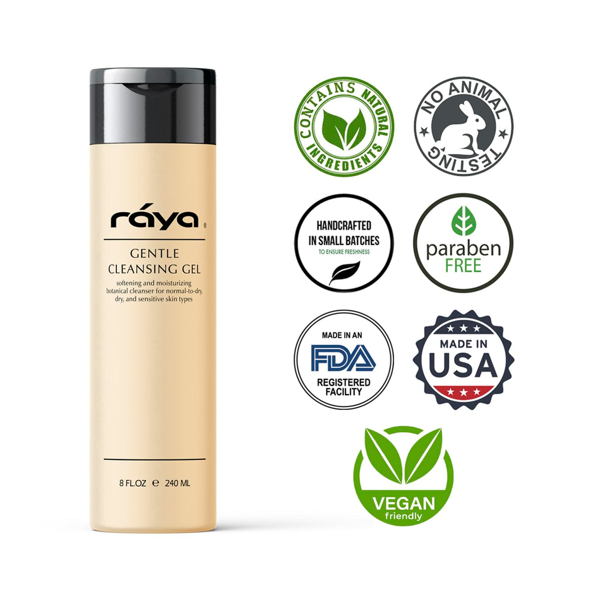 Raya Gentle Facial Cleansing Gel paraben-free badge on packaging