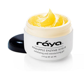 Raya Pineapple Enzyme Facial Scrub packaging highlights natural ingredients for radiant skin.