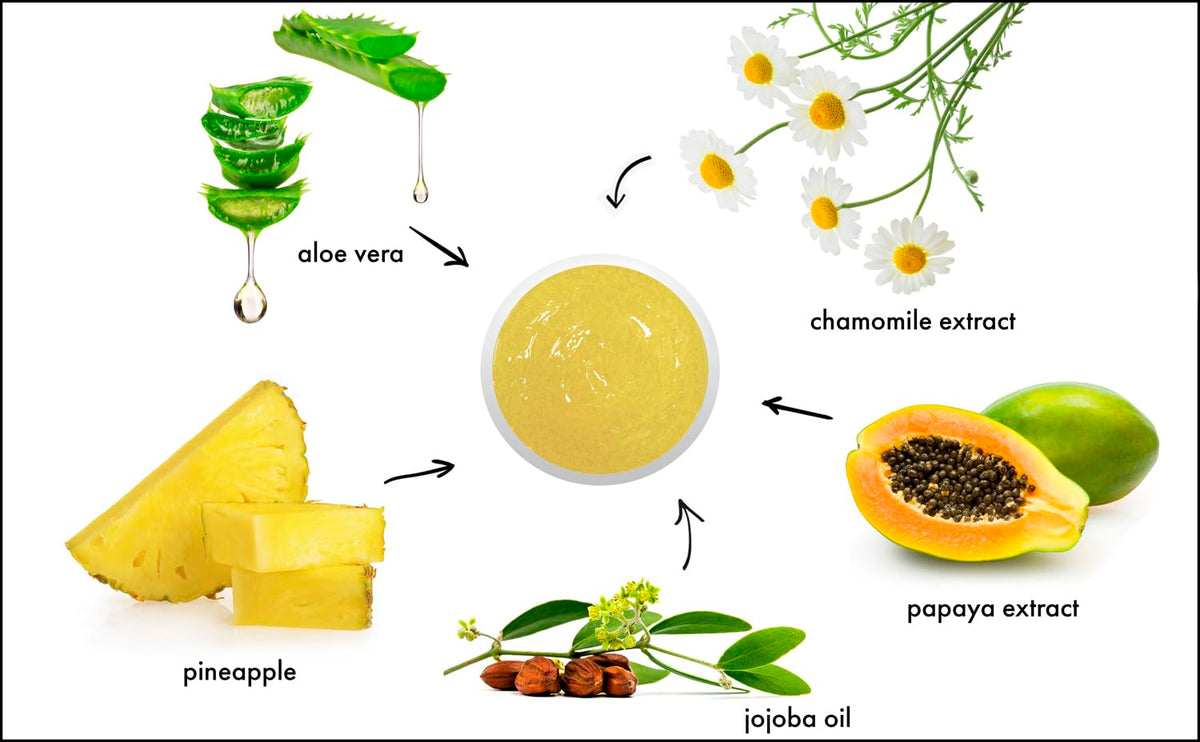 Raya Pineapple Enzyme Scrub texture close-up shows gentle exfoliation with jojoba beads.