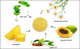 Raya Pineapple Enzyme Scrub texture close-up shows gentle exfoliation with jojoba beads.