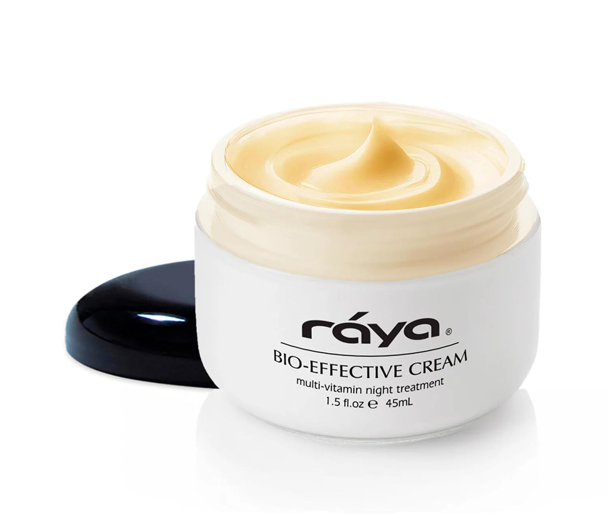 Raya Spa bio-effective night cream bottle pour for overnight hydration.