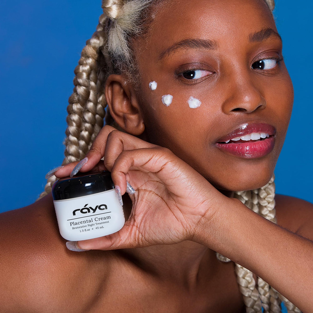 Raya Spa Placental Cream botanical blend emphasizes gentle, plant-based formula.