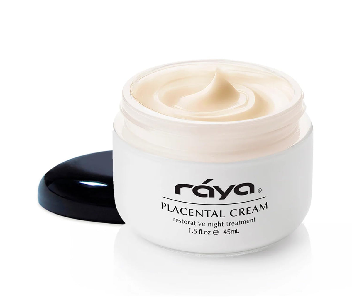 Raya Spa Placental Cream jar closeup showing rich texture for overnight hydration.