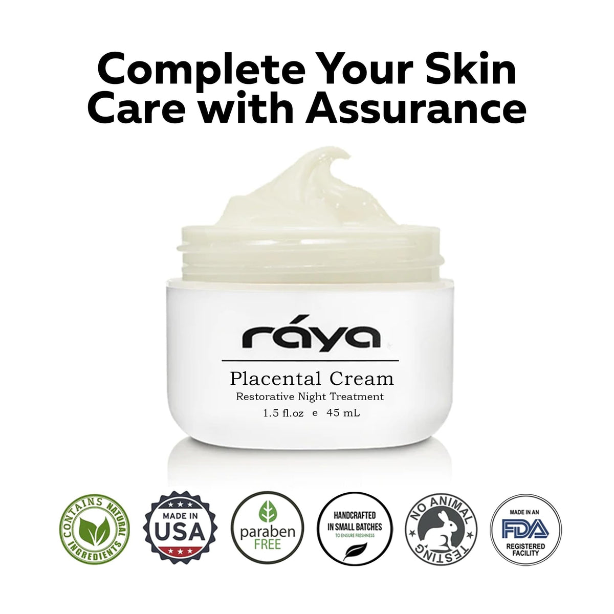 Raya Spa Placental Cream nightstand bottle suggests easy nightly skincare routine.
