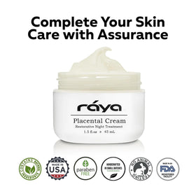 Raya Spa Placental Cream nightstand bottle suggests easy nightly skincare routine.