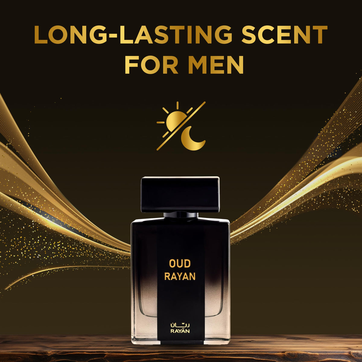 RAYAN Modern Oud perfume on a wood-toned surface evokes warm amber and sandalwood notes