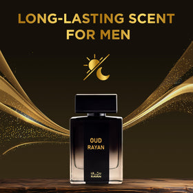 RAYAN Modern Oud perfume on a wood-toned surface evokes warm amber and sandalwood notes