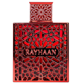 Rayhaan Crimson bottle close-up, a lasting unisex fragrance for evening wear.