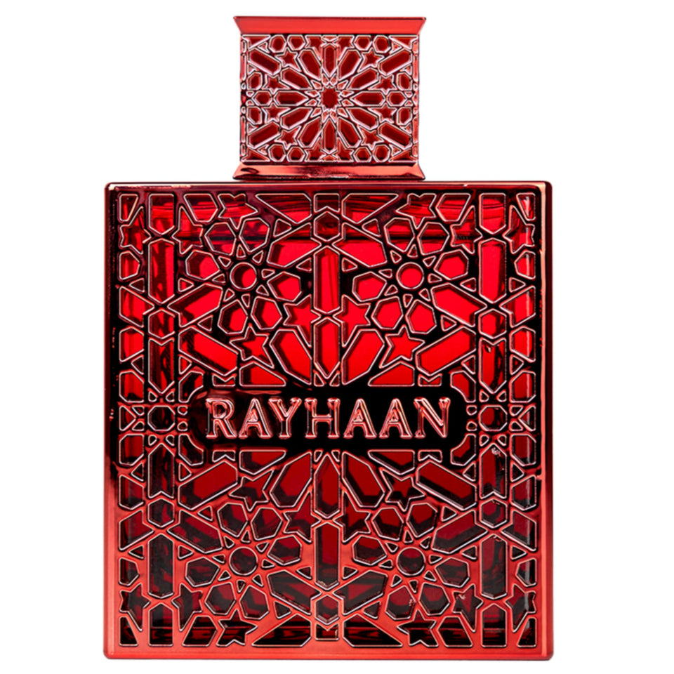 Rayhaan Crimson bottle close-up, a lasting unisex fragrance for evening wear.