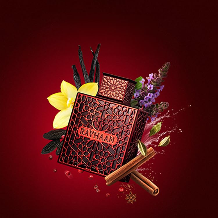 Rayhaan Crimson packaging on display, showcasing versatility for stylish occasions.