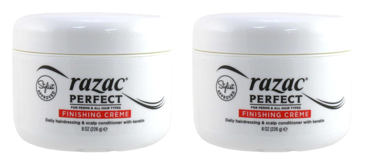 Razac Perfect For Perms Finish Creme bottle showing glossy, controlled permed waves for daily styling