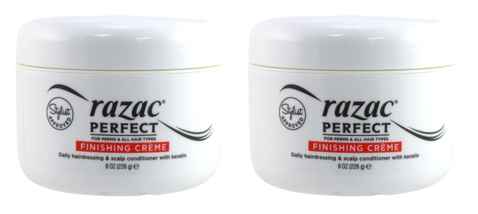 Razac Perfect For Perms Finish Creme bottle showing glossy, controlled permed waves for daily styling