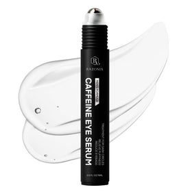 RAZONIX Eye Roller bottle close-up highlighting unscented caffeine under-eye care