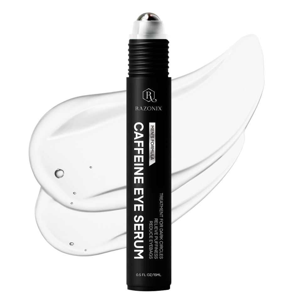RAZONIX Eye Roller bottle close-up highlighting unscented caffeine under-eye care
