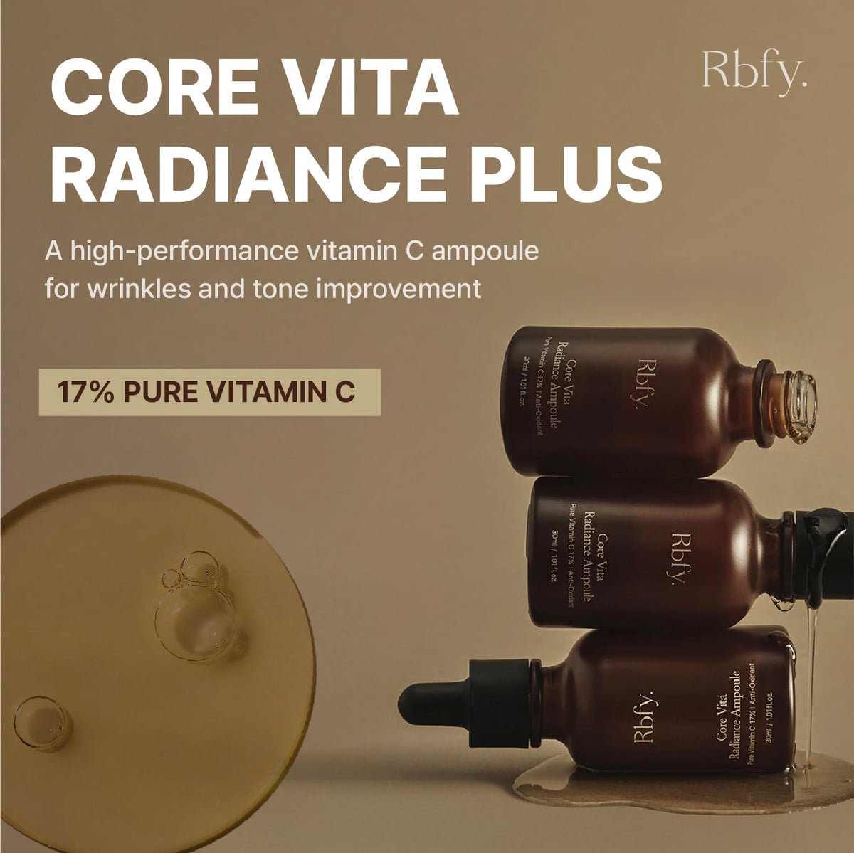 Rbfy Core Vita Radiance Ampoule dropper application demonstrates gentle daily exfoliation.