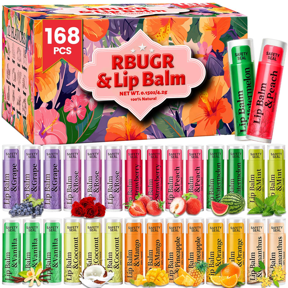 RBUGR 168-piece lip balm bulk set in 12 flavors for on the go hydration.