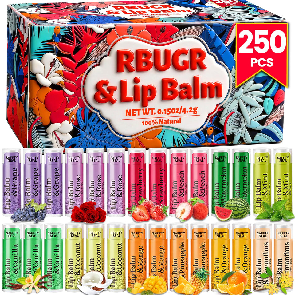 RBUGR 250-piece lip balm bulk with 12 flavours for gifting and events.