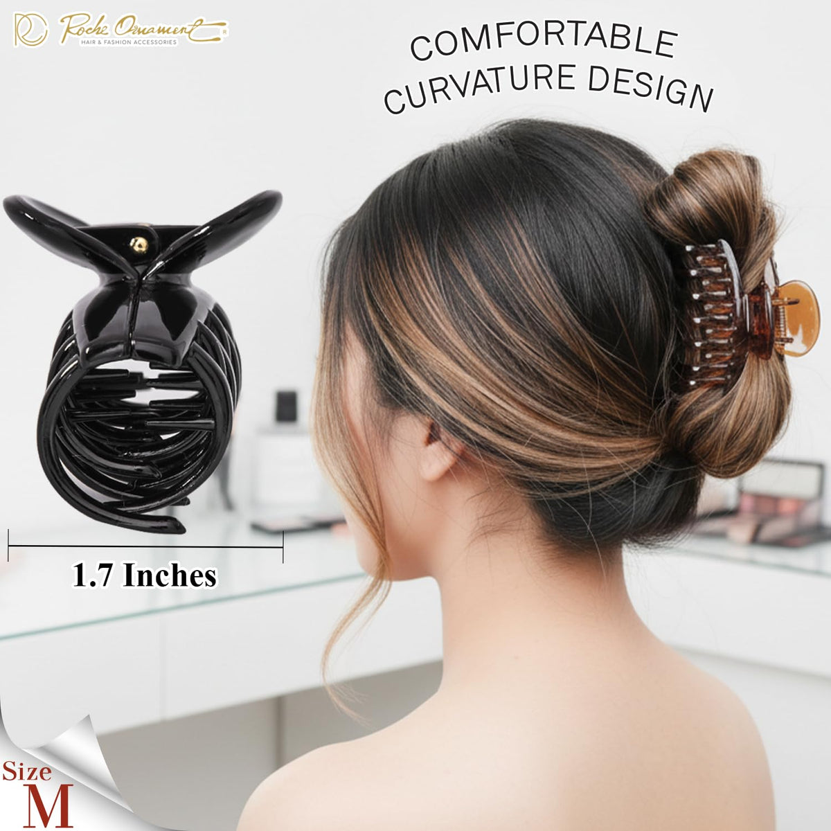 RC ROCHE ORNAMENT medium clips in use demonstrate versatile daily styling options.