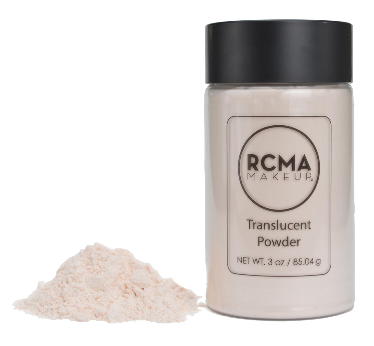 RCMA translucent powder on application brush demonstrating shine control and natural matte look