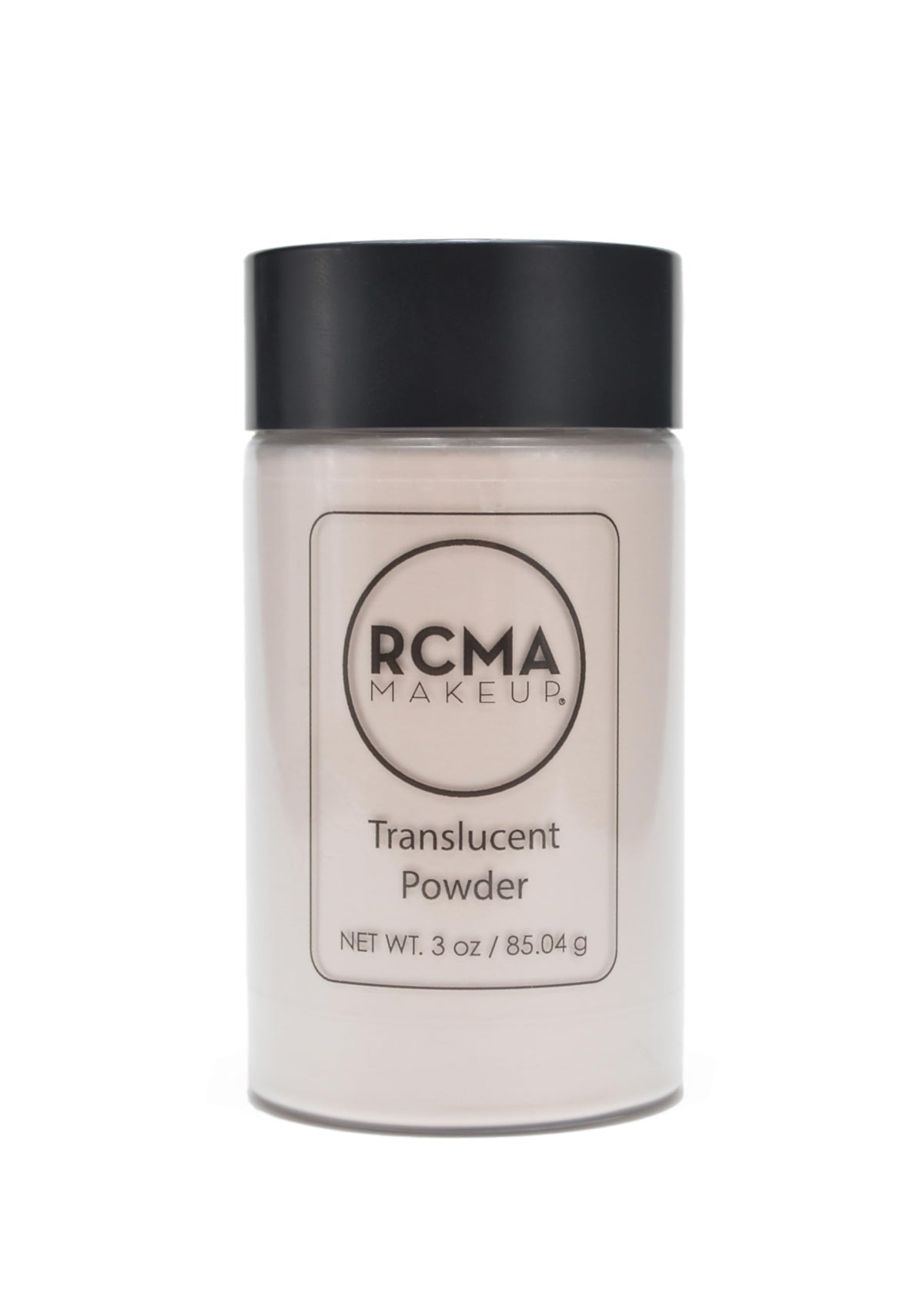 RCMA translucent powder bottle close-up showing weightless finish and no flashback