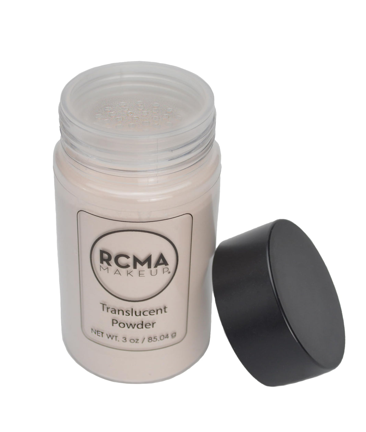 RCMA translucent powder jar with puff illustrates easy set and seamless finish
