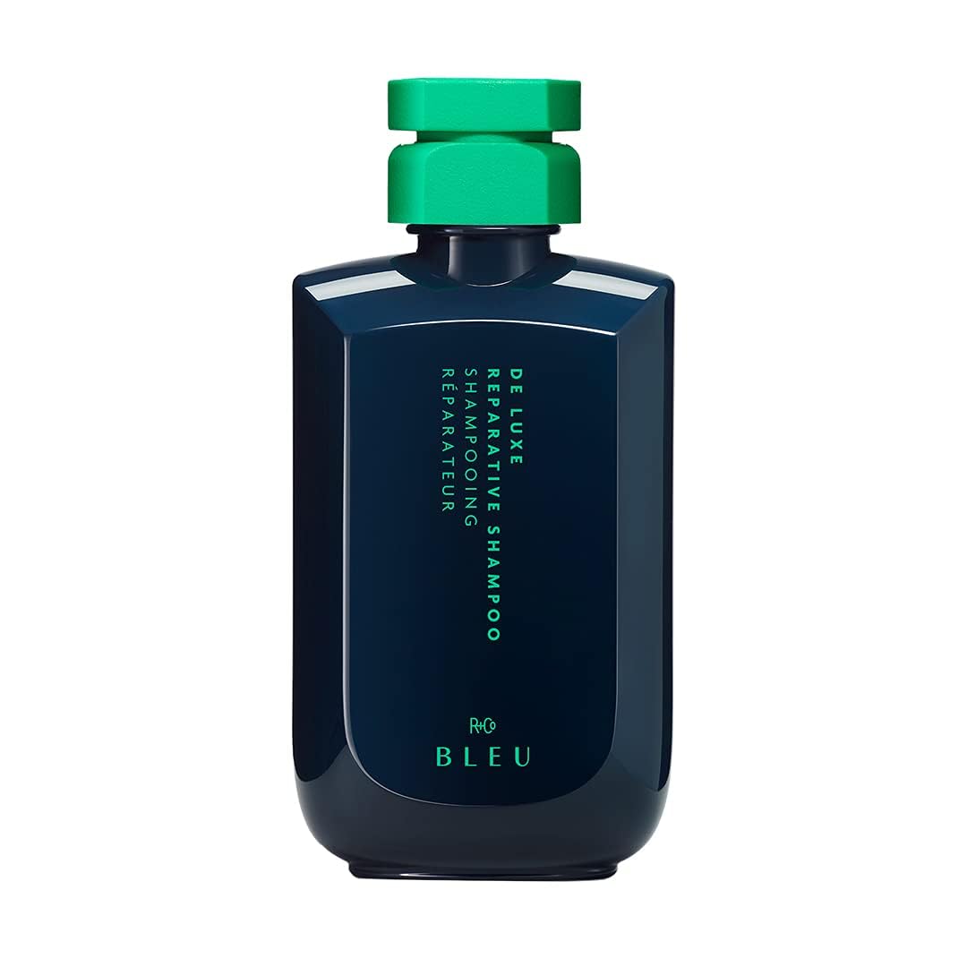 R+Co BLEU De Luxe Reparative Shampoo bottle front shows hydration for damaged hair