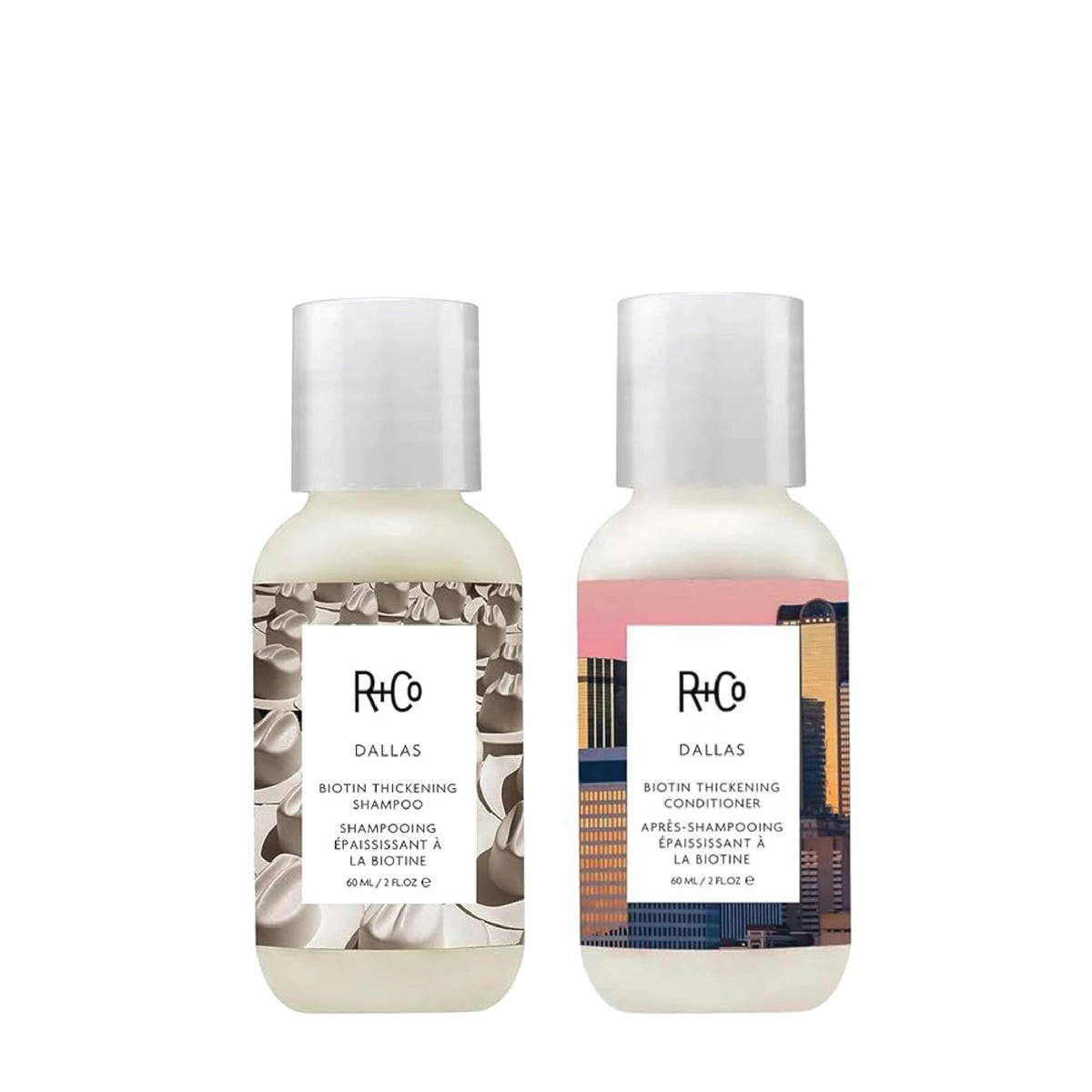 R+Co Dallas Biotin Thickening Shampoo bottle front, signaling volumizing power for fine hair