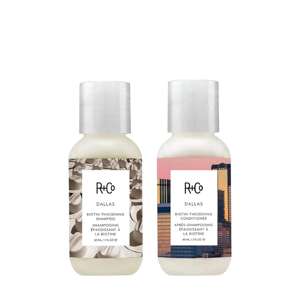R+Co Dallas Biotin Thickening Shampoo bottle front, signaling volumizing power for fine hair