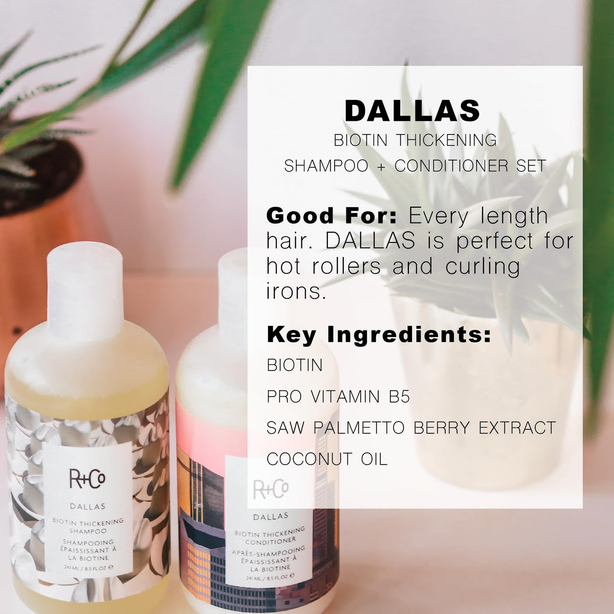 R+Co Dallas Biotin Thickening Shampoo pour demonstrates even distribution for fuller-looking hair