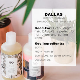 R+Co Dallas Biotin Thickening Shampoo pour demonstrates even distribution for fuller-looking hair
