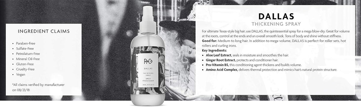 R+Co Dallas Thickening Spray bottle on bathroom counter for easy styling.