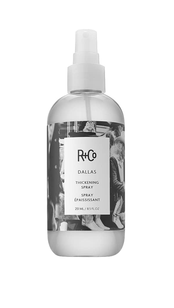 R+Co Dallas Thickening Spray bottle front, ideal for adding volume and lift.