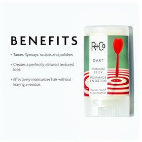 R+Co Dart Pomade Stick close-up highlighting smooth glide for precise sculpting.