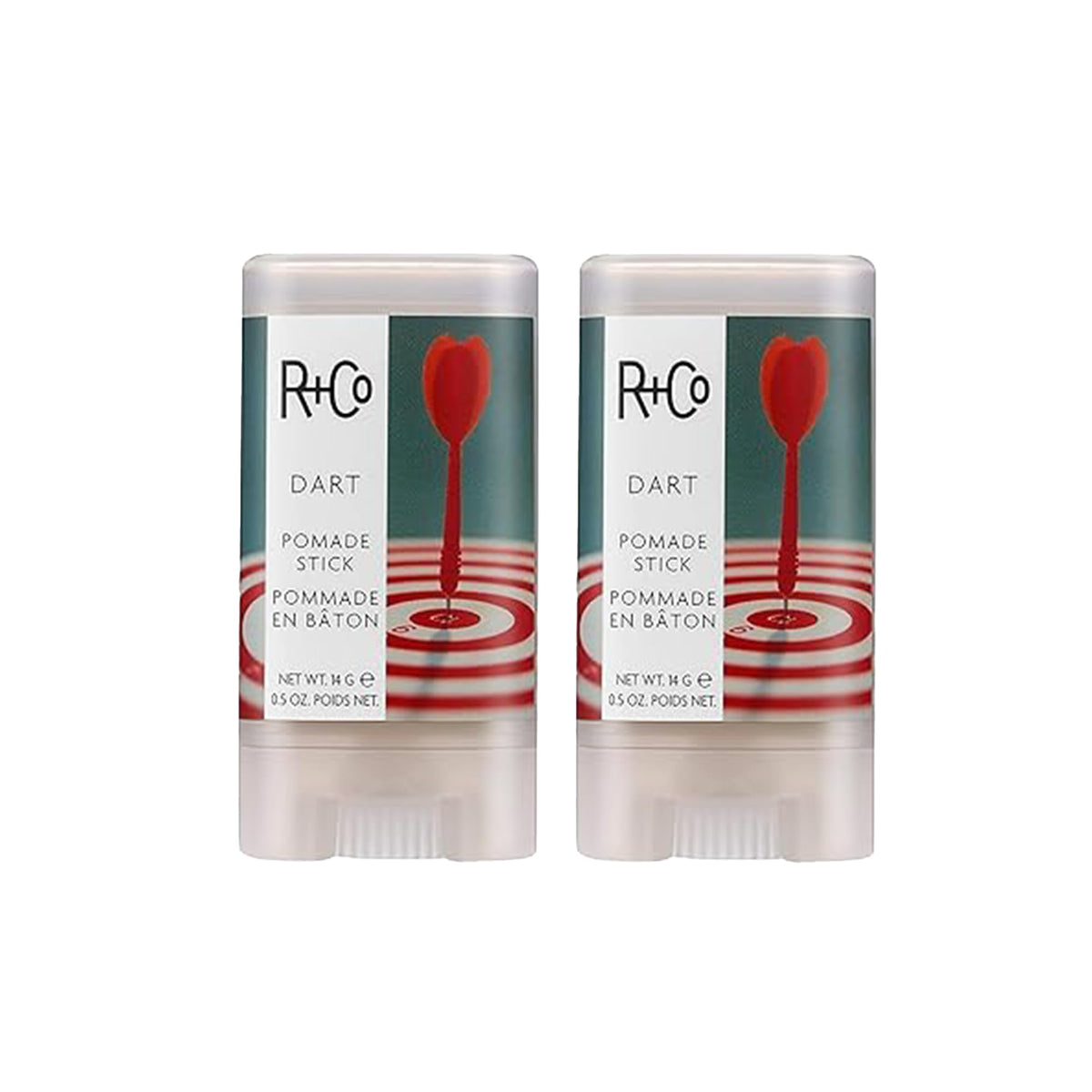 R+Co Dart Pomade Stick two-pack for easy on-the-go styling and lasting hold.