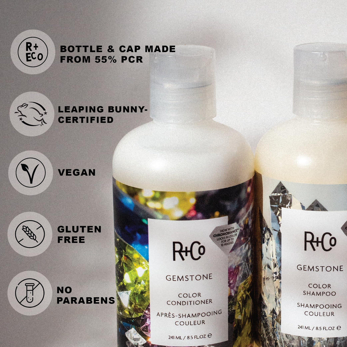 R+Co Gemstone Color Shampoo label close-up highlights color protection complex.