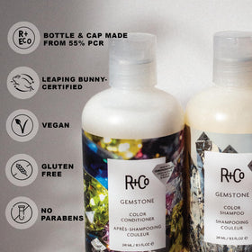 R+Co Gemstone Color Shampoo label close-up highlights color protection complex.