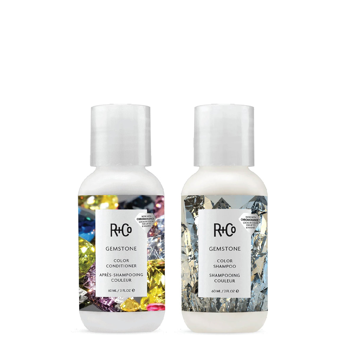 R+Co Gemstone Color Shampoo travel bottle showing color protection on the go.