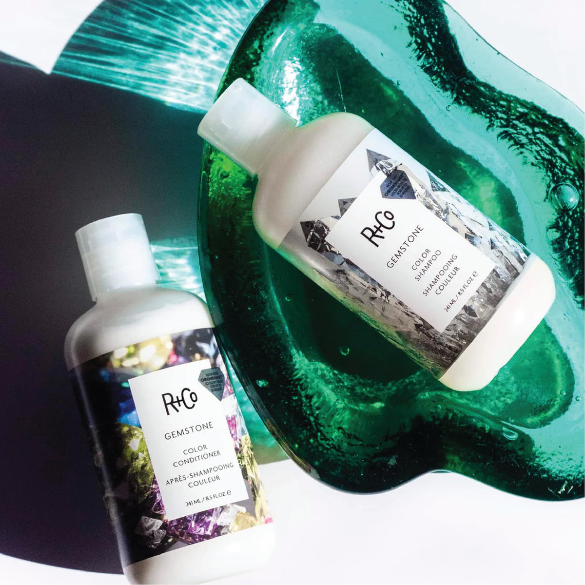 R+Co Gemstone Color Travel Set packaging emphasizes TSA-friendly travel convenience.
