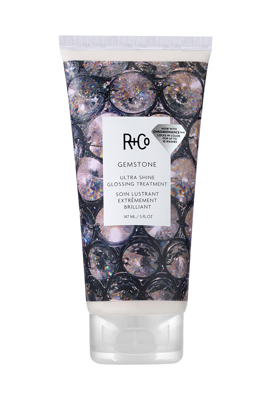 R+Co Gemstone Ultra Shine bottle closeup features opalescent cream for mirror-like shine