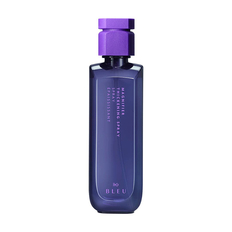 R+Co Magnifier Thickening Spray bottle shows root-boosting volume with lightweight hold.